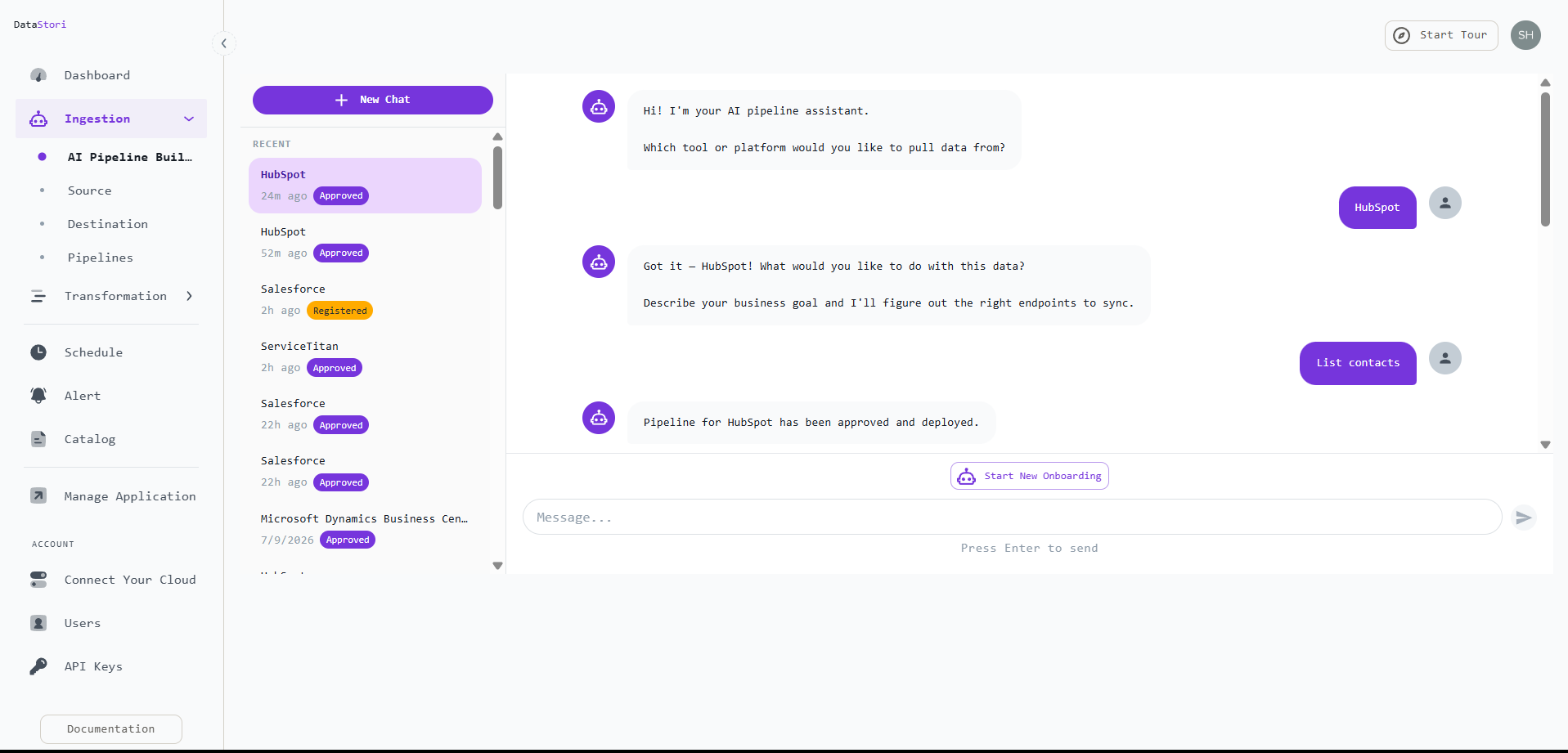DataStori AI Pipeline Builder chat with HubSpot selected and 'List contacts' entered as the goal, with the assistant confirming the HubSpot pipeline