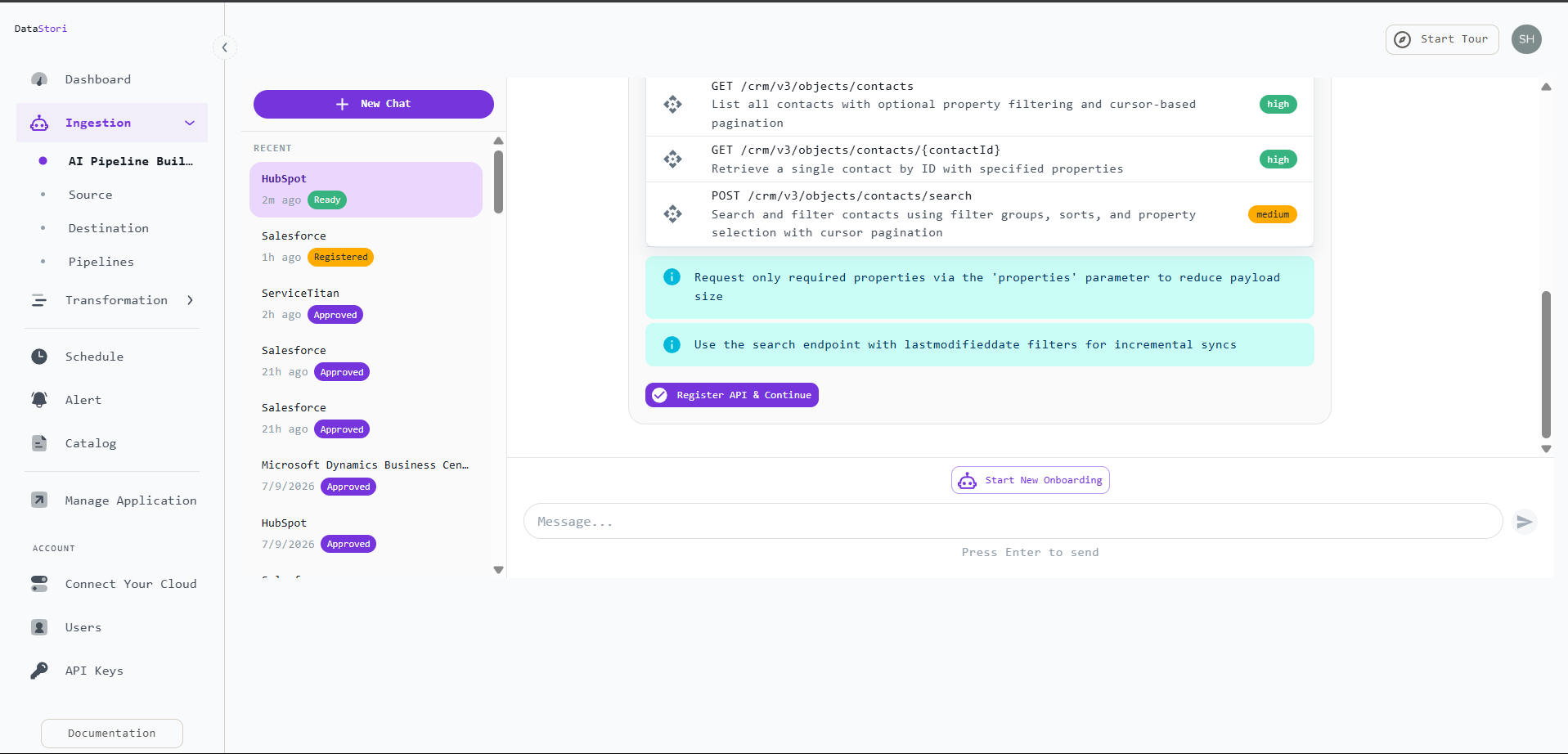DataStori showing discovered HubSpot CRM endpoints including GET /crm/v3/objects/contacts with a high confidence rating and a Register API and Continue button