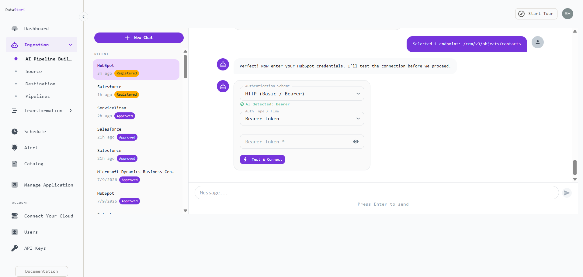 HubSpot connection form in DataStori with the contacts endpoint selected, HTTP Bearer authentication auto-detected, a Bearer Token field, and a Test and Connect button