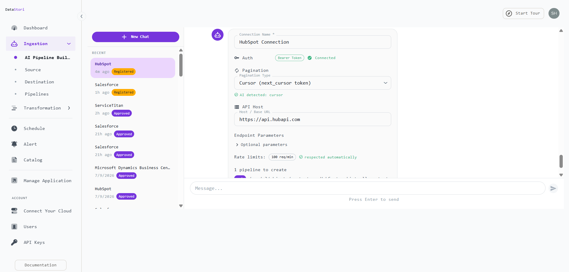 DataStori HubSpot connection summary showing Bearer Token connected, cursor pagination auto-detected, API host api.hubapi.com, and a 100 requests per minute rate limit respected automatically