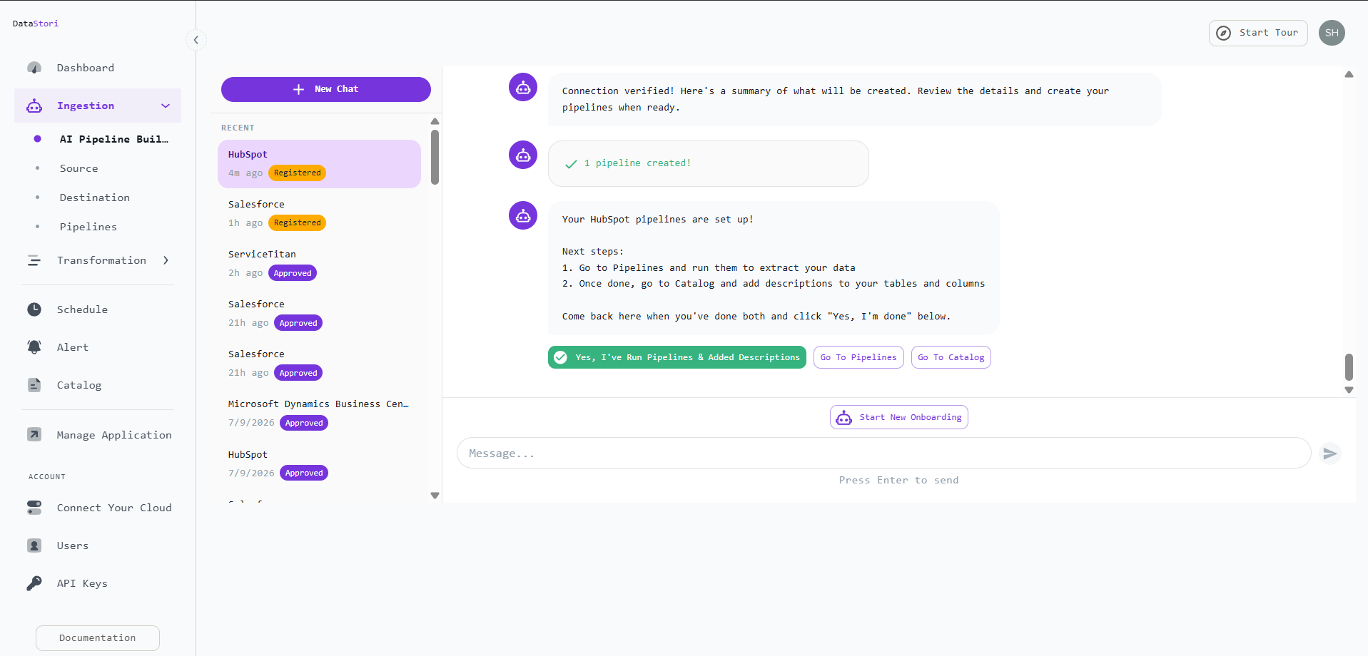 DataStori confirming 1 HubSpot pipeline created, with next steps to run the pipeline and add catalog descriptions