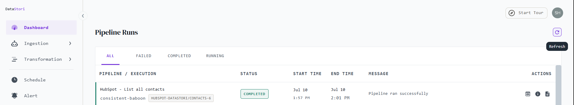 DataStori Pipeline Runs dashboard showing the HubSpot List all contacts pipeline with COMPLETED status and 'Pipeline ran successfully' message