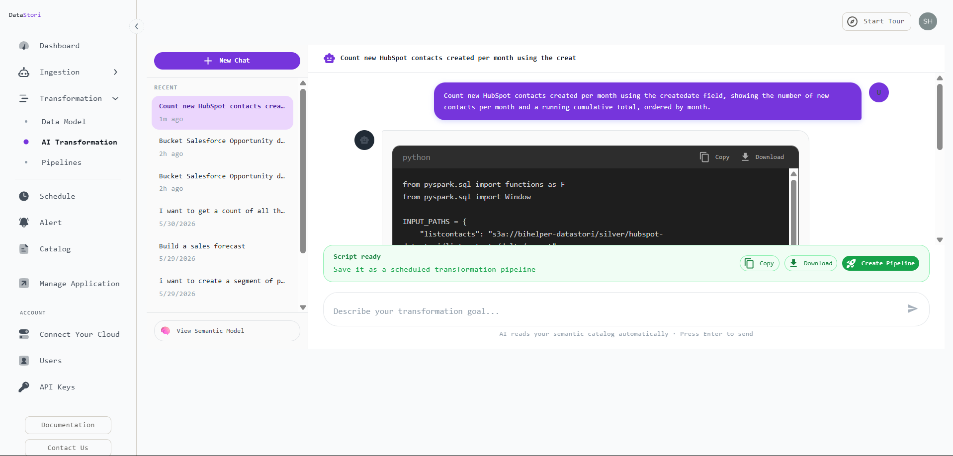 DataStori Transformation Workspace with a natural-language request to count new HubSpot contacts per month, showing the generated PySpark script reading the listcontacts silver path and a Script ready banner