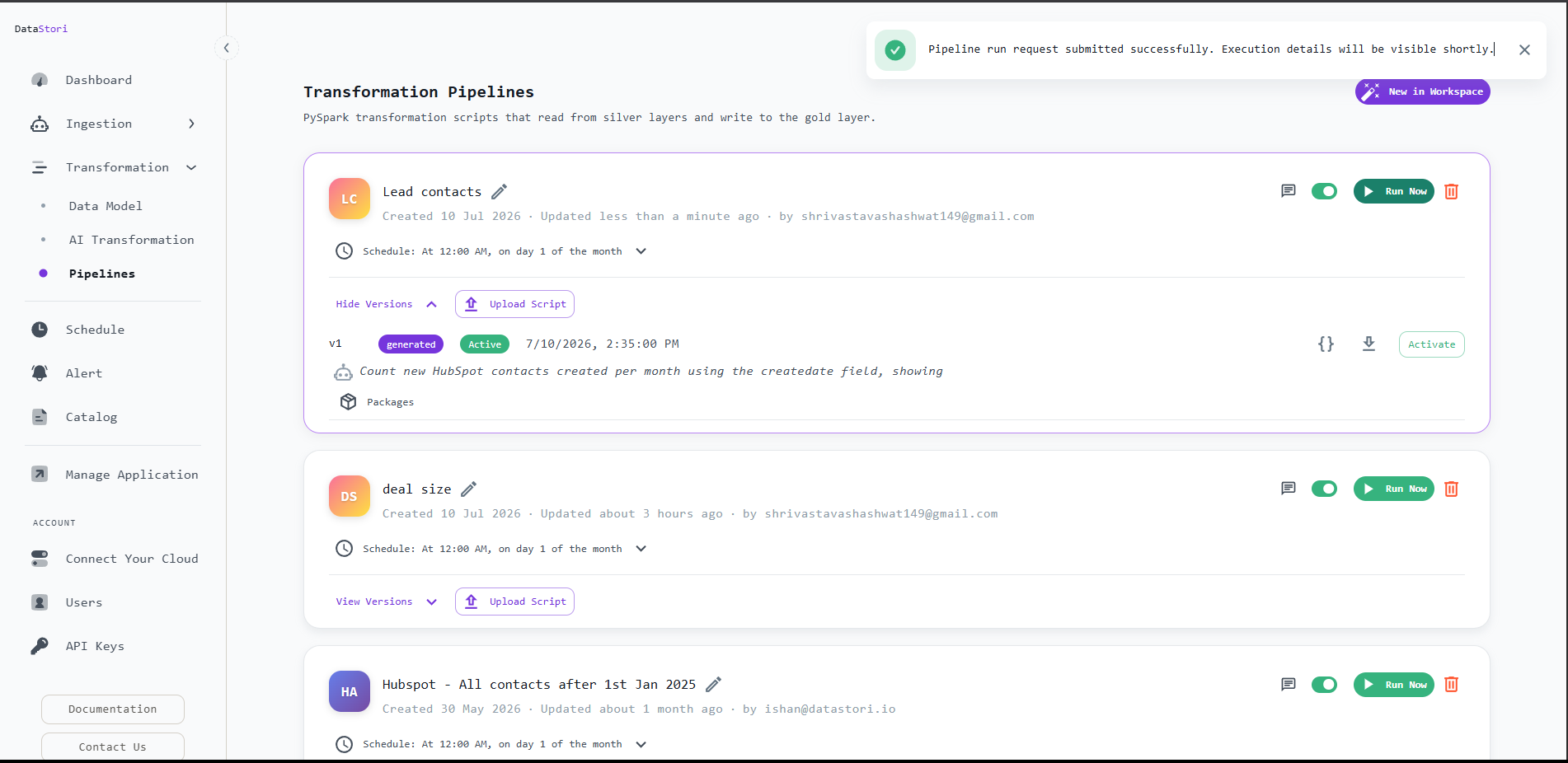 Transformation Pipelines catalog showing the 'Lead contacts' transformation with an active v1 script version and a monthly schedule