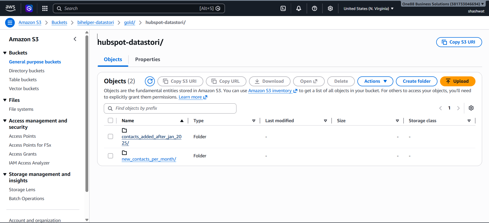 AWS S3 console showing a gold/hubspot-datastori/ folder containing the generated new_contacts_per_month output folder