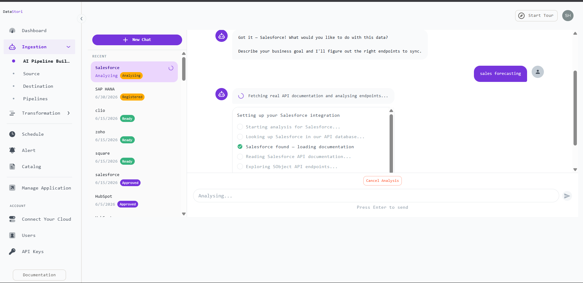 DataStori AI Pipeline Builder chat with Salesforce selected and the pipeline goal entered in plain language, the agent analyzing the request