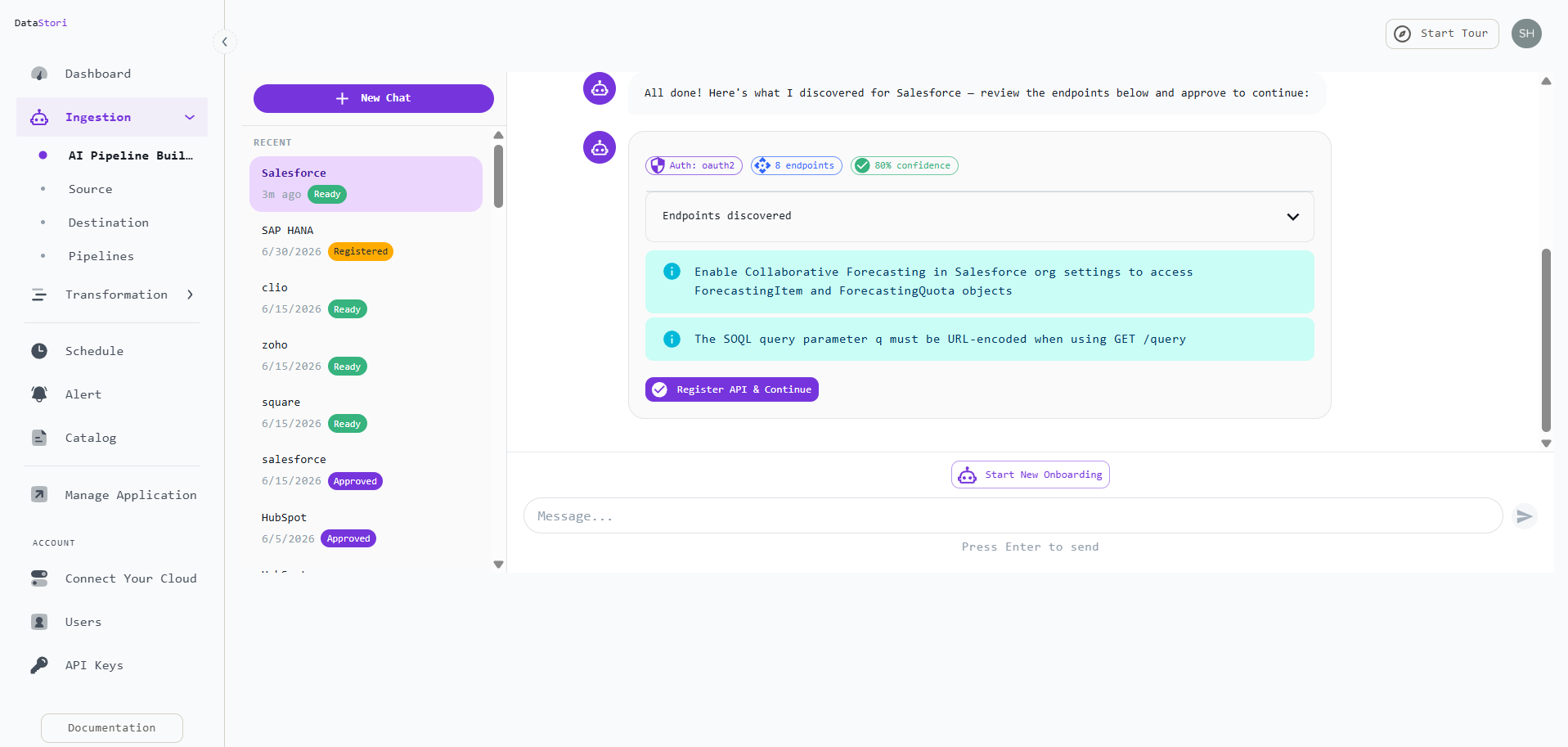 DataStori showing 8 discovered Salesforce endpoints at 80% confidence with a Register API and Continue button