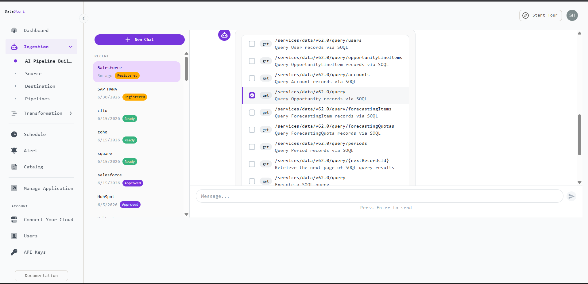 Endpoint selection list in DataStori with 'Query Opportunity records via SOQL' checked among the discovered Salesforce SOQL endpoints