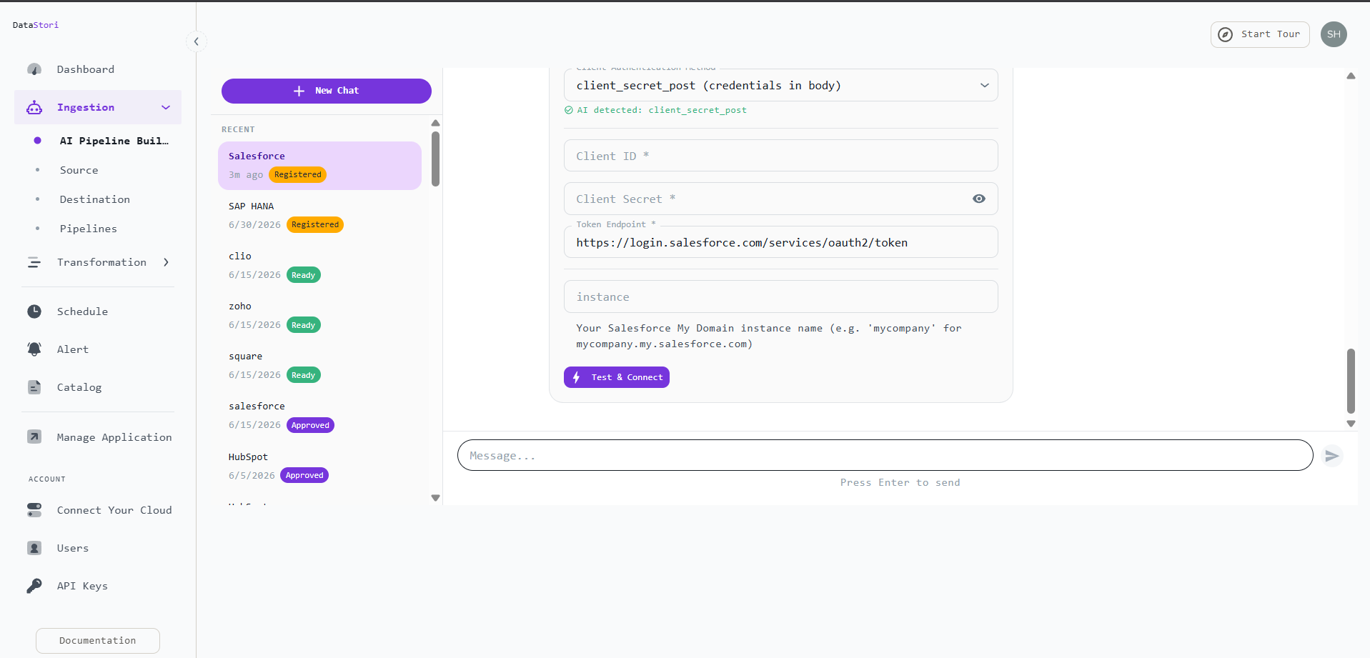 Salesforce OAuth 2.0 credentials form in DataStori with Client ID, Client Secret, token endpoint login.salesforce.com/services/oauth2/token, and a Test and Connect button