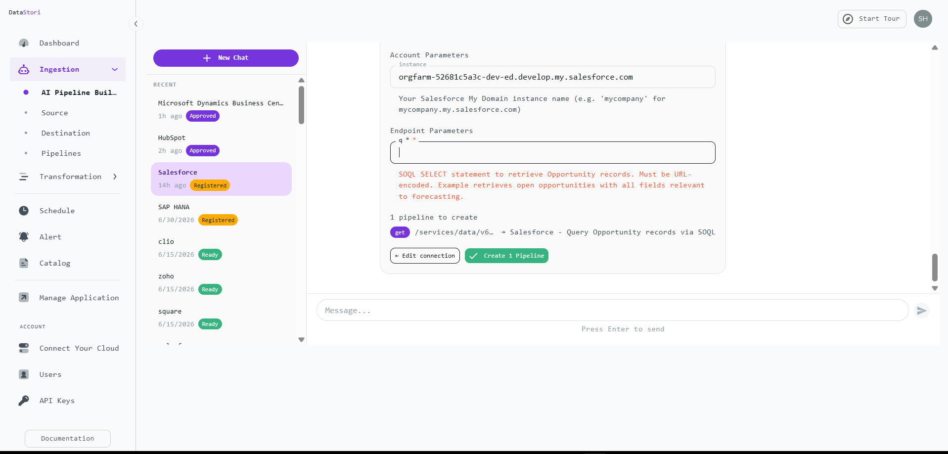DataStori pipeline review screen showing the SOQL q query parameter, pagination settings, and a Create 1 Pipeline button
