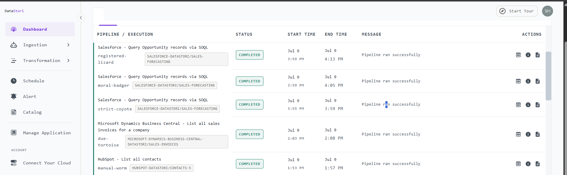 DataStori dashboard showing the Salesforce pipeline execution with COMPLETED status and 'Pipeline ran successfully' messages