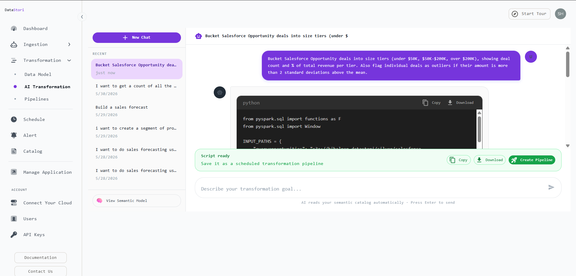DataStori Transformation Workspace chat with a request to bucket Salesforce Opportunity deals by size and flag outliers, showing the generated PySpark script with INPUT_PATHS and a Script ready banner