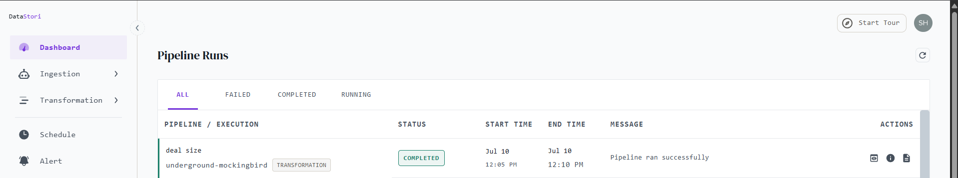 DataStori Pipeline Runs dashboard showing the 'deal size' transformation with COMPLETED status and 'Pipeline ran successfully' message