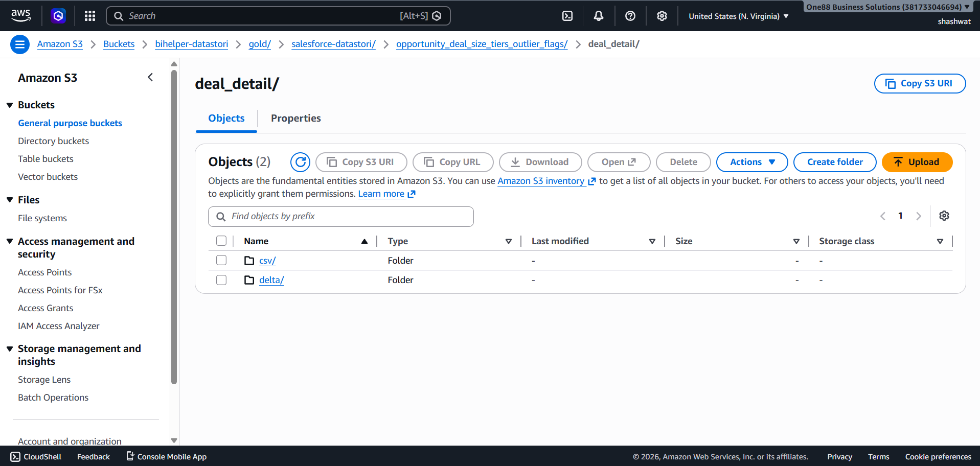 AWS S3 console showing the transformation output folder with both a csv subfolder and a delta subfolder