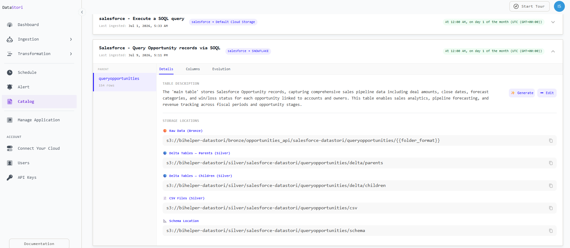DataStori Data Catalog showing the Opportunity table storage locations